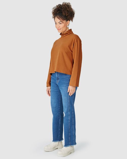 Blusa Feminina Manga Longa Gola Alta Em Moletinho Linho Stretch