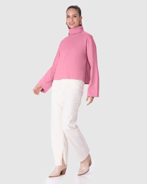 Blusa Feminina Manga Longa Gola Alta Em Moletinho Linho Stretch