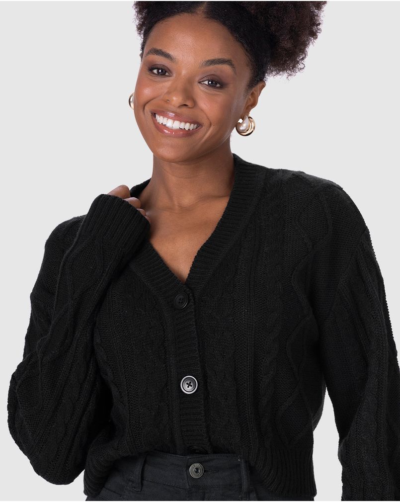Cardigan Cropped Feminino Trançado Em Tricô PRETO - Malwee