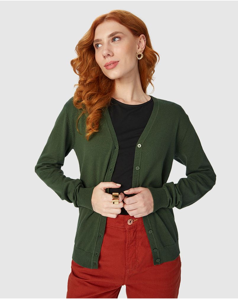 Cardigan Básico Feminino Decote V Em Tricô VERDE - Malwee