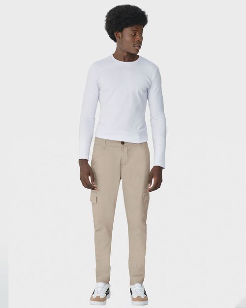 Calça Masculina Chino Cargo Em Sarja Com Elastano