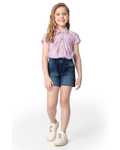 Conjunto Menina Camisa Xadrez Manga Curta Em Viscose - Carinhoso