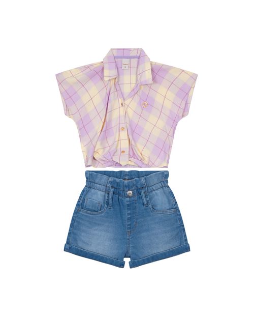 Conjunto Menina Camisa Xadrez Manga Curta Em Viscose - Carinhoso