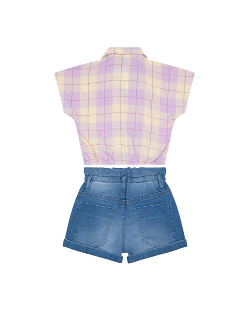 Conjunto Menina Camisa Xadrez Manga Curta Em Viscose - Carinhoso