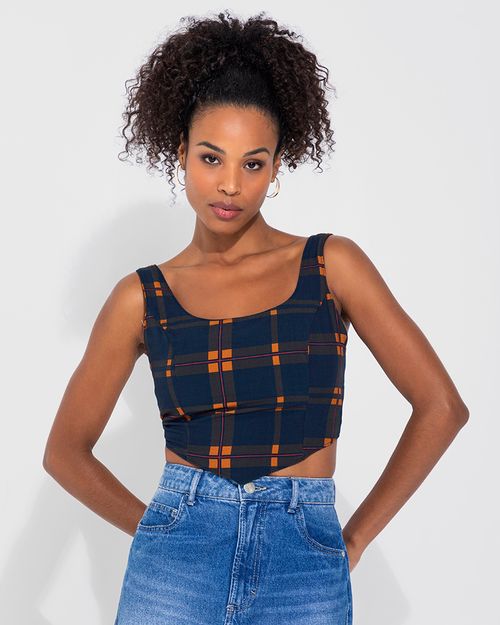 Blusa Cropped Corset Feminina Xadrez Em Viscose - ENFIM