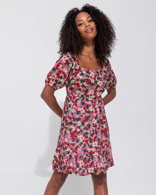 Vestido Feminino Evasê Floral Decote Reto Em Viscose - ENFIM