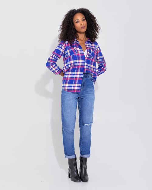 Camisa Feminina Alongada Xadrez Com Bolso Em Viscose Flanelada - ENFIM
