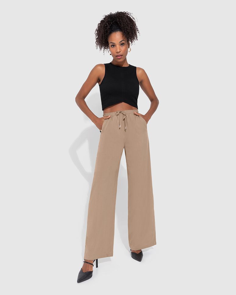 Calça Wide Leg Feminina Cós Elástico Em Viscose - ENFIM