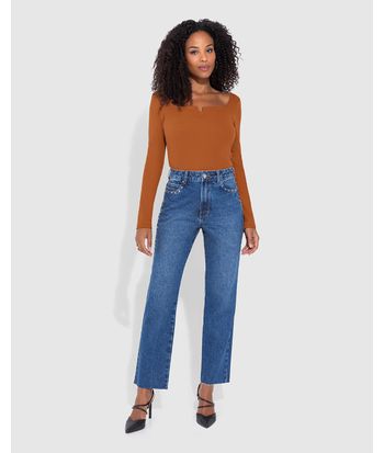 Blusa Feminina Decote Quadrado Manga Longa Em Ribana - ENFIM