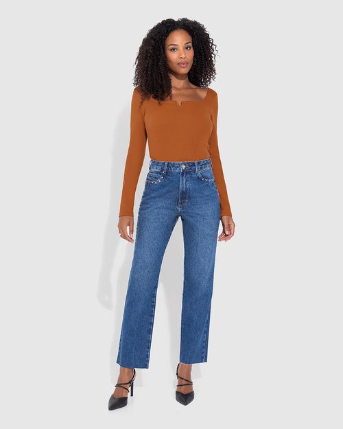 Blusa Feminina Decote Quadrado Manga Longa Em Ribana - ENFIM