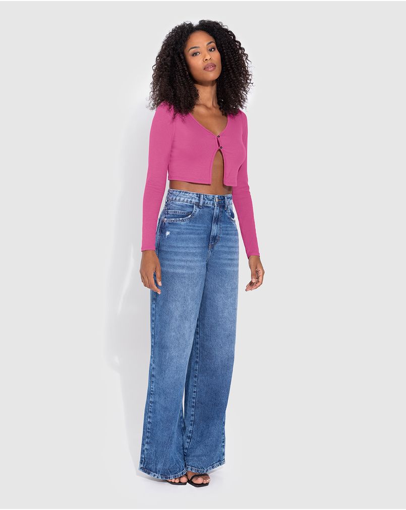 Cardigan Cropped Feminino Em Malha Canelada De Viscose - ENFIM