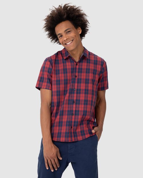 Camisa Masculina Xadrez Manga Curta Em Tricoline