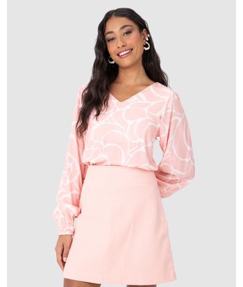 Blusa Feminina Estampa Abstrata Manga Longa Punho Elástico Em Viscose