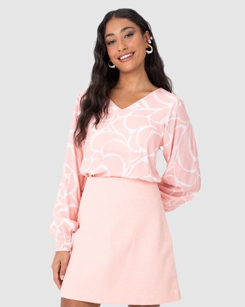 Blusa Feminina Estampa Abstrata Manga Longa Punho Elástico Em Viscose