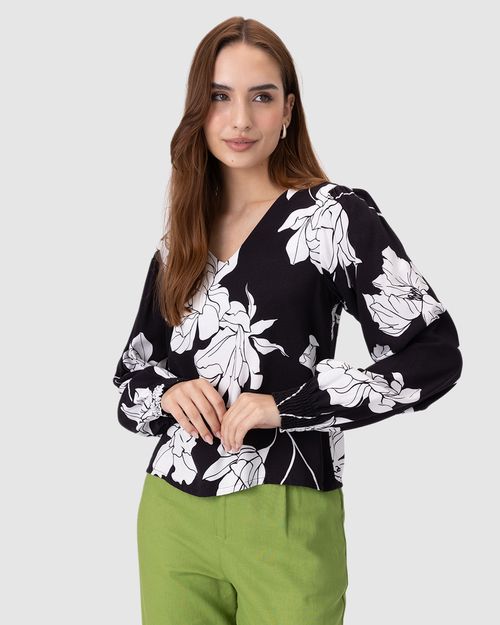 Blusa Feminina Estampa Floral Manga Longa Punho Elástico Em Viscose