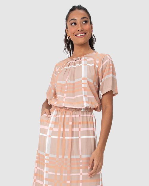 Blusa Cropped Feminina Xadrez Barra Com Elástico Em Viscose