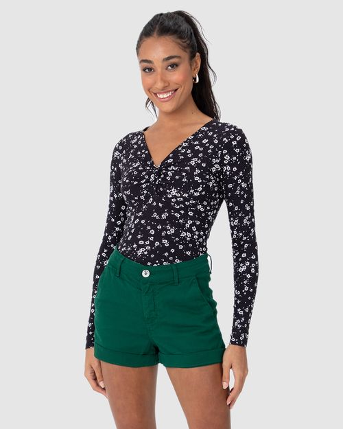 Blusa Justa Feminina Floral Decote Com Torção Em Malha Viscose Canelada