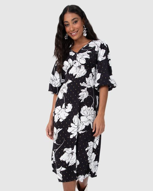 Vestido Midi Feminino Floral Manga 7/8 Em Viscose Plumetis