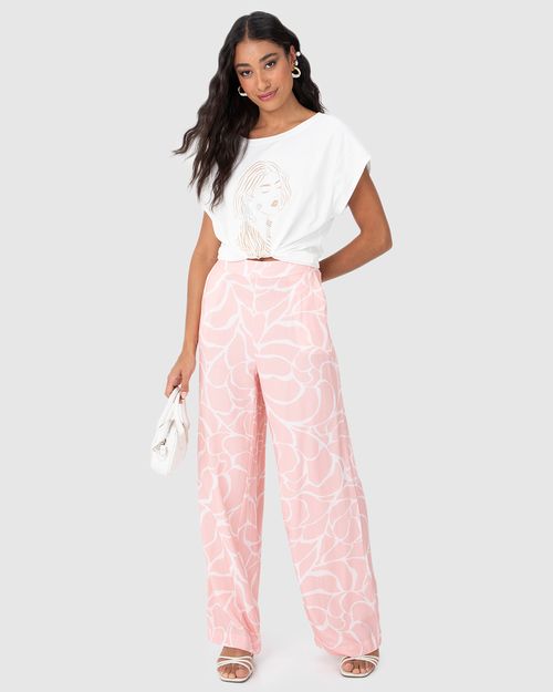 Calça Reta Feminina Cintura Alta Bolso Aplicado Em Viscose
