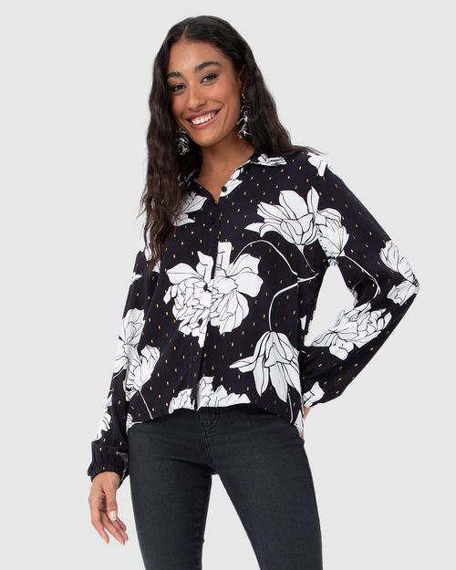 Camisa Feminina Alongada Floral Em Viscose Plumetis
