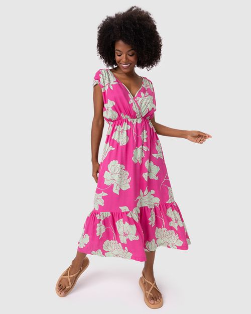 Vestido Midi Feminino Recorte Franzido Barra Em Viscolinho