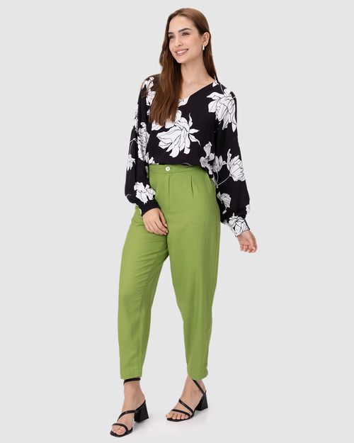 Blusa Feminina Estampa Floral Manga Longa Punho Elástico Em Viscose