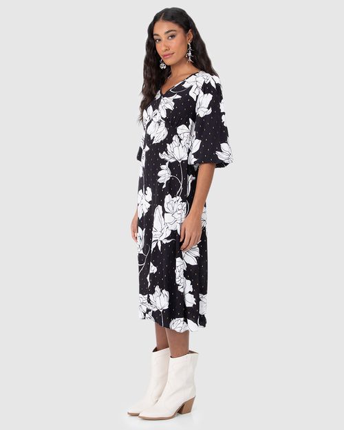Vestido Midi Feminino Floral Manga 7/8 Em Viscose Plumetis