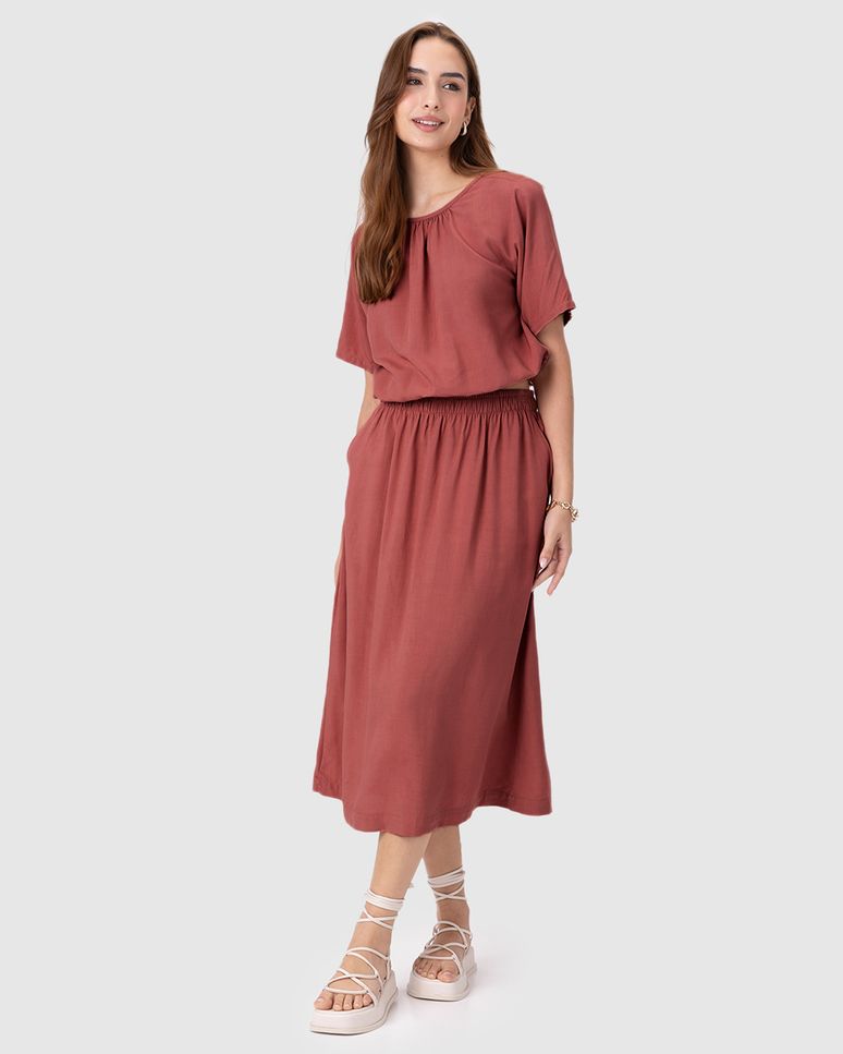 Saia Midi Feminina Evasê Bolso Faca Em Viscose