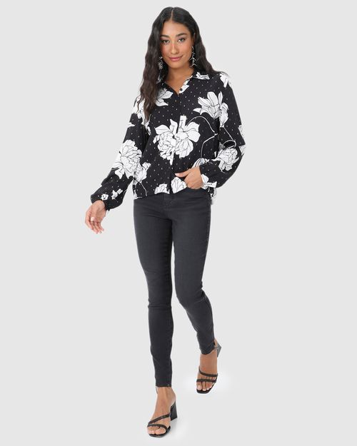Camisa Feminina Alongada Floral Em Viscose Plumetis