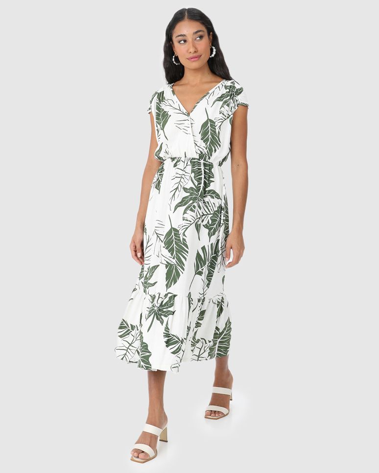 Vestido Midi Feminino Recorte Franzido Barra Em Viscolinho