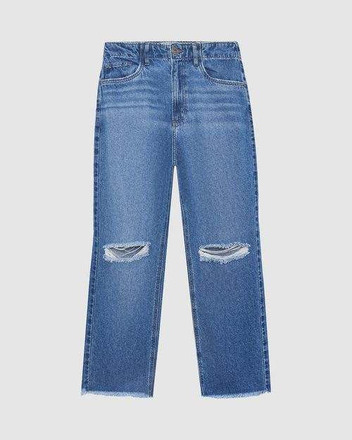 Calça Straight Feminina Rasgo No Joelho Em Jeans 100% Algodão