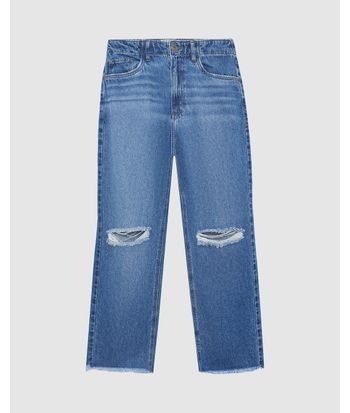 Calça Straight Feminina Rasgo No Joelho Em Jeans 100% Algodão