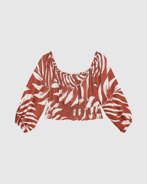 Blusa Cropped Feminina Plus Size Folhagem Manga Longa Em Viscolinho