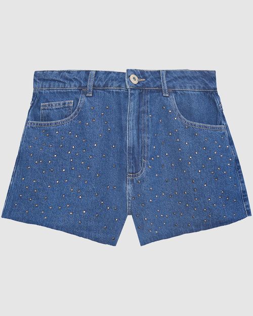 Shorts Feminino Cintura Média Com Strass Em Jeans 100% Algodão