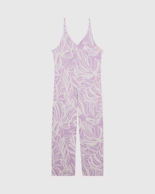 Macacão Feminino Plus Size Estampa Folhagem Em Viscose Stretch