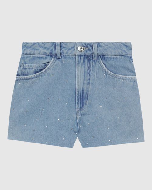 Shorts Feminino Cintura Alta Com Strass Em Jeans 100% Algodão