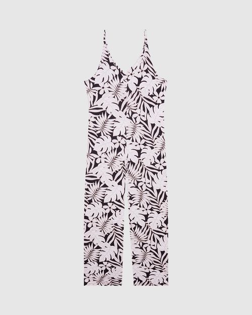 Macacão Feminino Plus Size Estampa Folhagem Em Viscose Stretch