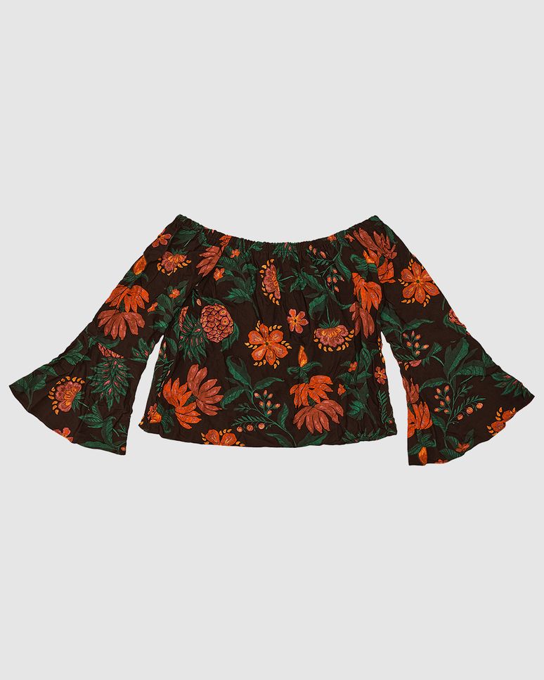 Blusa Feminina Manga Godê Floral Em Viscose