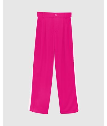 Calça Wide Leg Feminina Faixa Lateral Em Viscose Sarjada