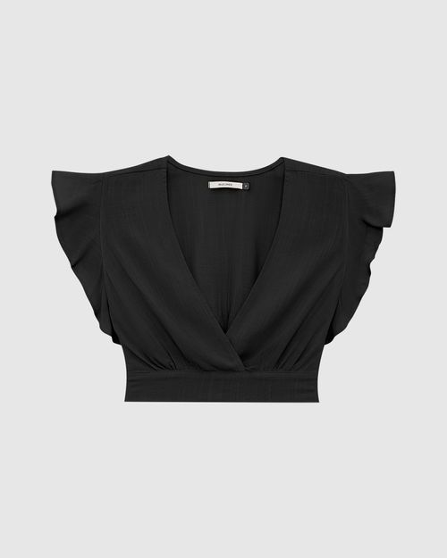 Blusa Long Cropped Feminina Decote V E Manga Babados Em Viscose