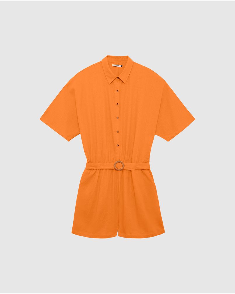 Macaquinho Feminino Plus Size Gola Camisa Com Cinto Viscolinho
