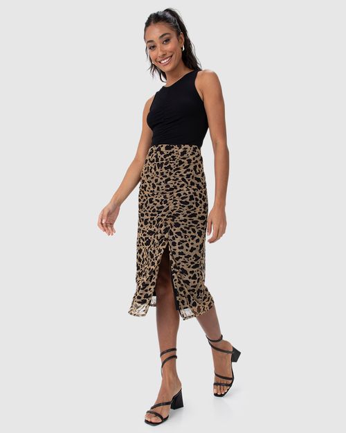 Saia Reta Feminina Animal Print Franzido Com Fenda Em Tule