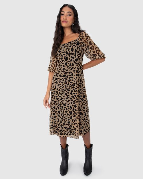 Vestido Midi Feminino Animal Print Decote Reto Em Tule