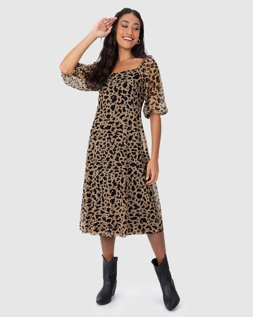 Vestido Midi Feminino Animal Print Decote Reto Em Tule