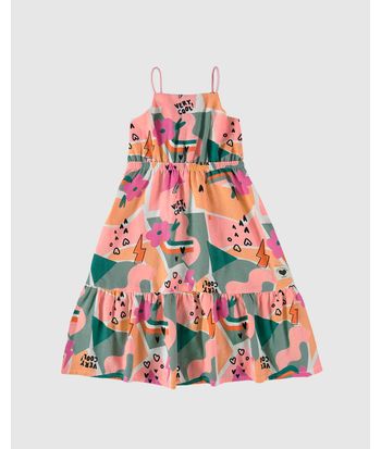 Vestido Infantil Midi Estampado Alça Fina Em Viscolinho Malwee Kids