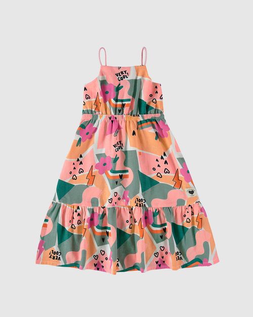 Vestido Infantil Midi Estampado Alça Fina Em Viscolinho Malwee Kids