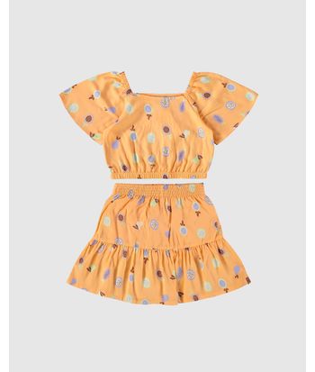Conjunto Infantil Menina Blusa + Saia Estampada Em Viscose Malwee Kids
