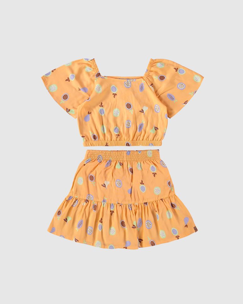 Conjunto Infantil Menina Blusa + Saia Estampada Em Viscose Malwee Kids