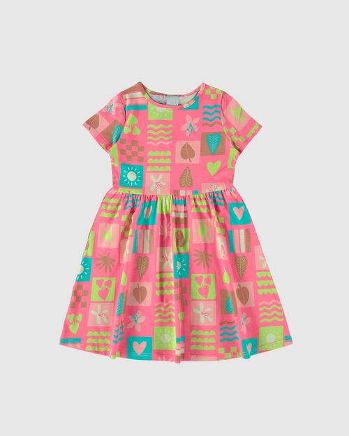Vestido Infantil Evasê Manga Curta Estampado Em Algodão Malwee Kids