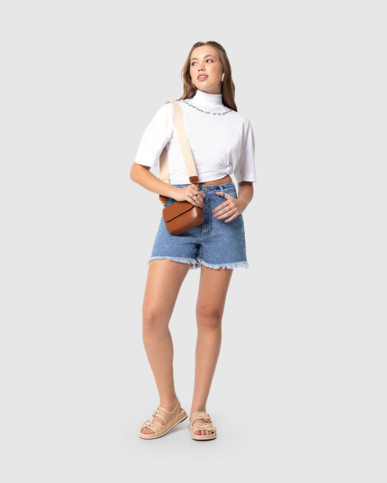 Shorts Menina Mom Cintura Alta Com Strass Em Jeans Malwee Kids